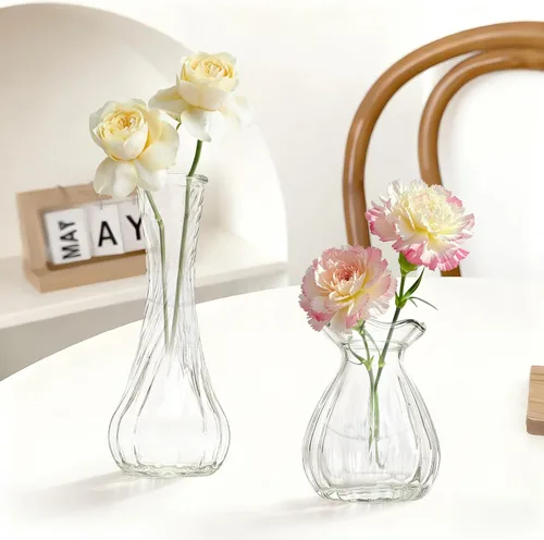 Vista 6 de KJHL Juego de 4 jarrones pequeños de cristal para flores, jarrones de flores pequeños transparentes vintage para centros de mesa de boda, mini