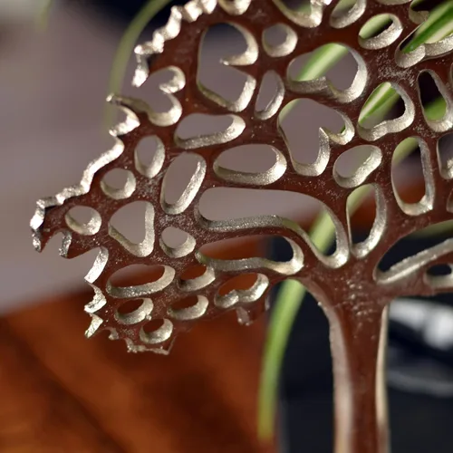 Vista 7 de WHW Whole House Worlds Figura icónica del árbol de la vida, hecha a mano, aluminio plateado, base de madera de mango, 9.75 pulgadas