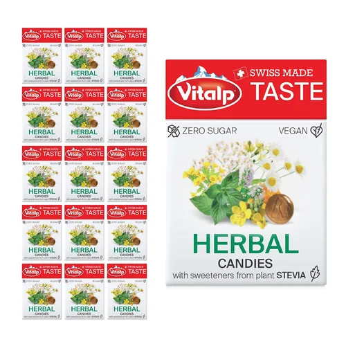 Vista 17 de Vitalp Sabor, Hecho en Suiza, Caramelo Sin Azúcar con Stevia, Vegano, Sabor a Cereza, Paquetes de 25g/0.88 Onzas, 16 Cajas