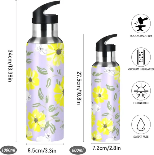 Vista 2 de White Yellow Flowers Violet Stainless Steel Water Bottle 32 Oz Leakproof Water Bottles, BPA-Free Sports Water Bottle with Straw