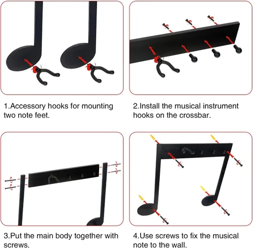 Vista 4 de Soporte de pared multifuncional con 3 ganchos para guitarra y notas