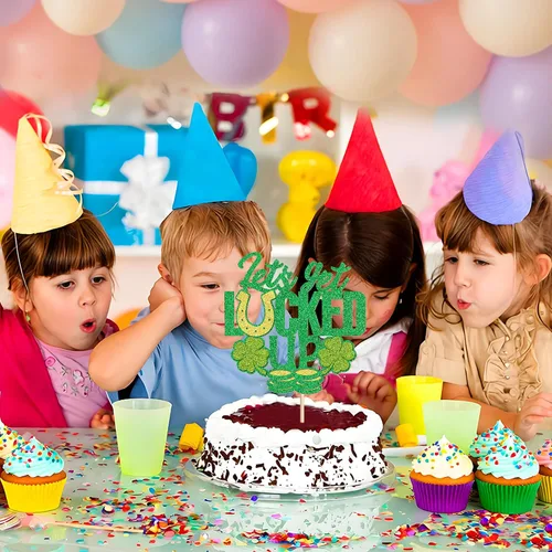 Vista 5 de Juego de 1 palillos para tartas de trébol, decoración de trébol con purpurina verde dorada para cumpleaños, baby shower, suministros de fiesta