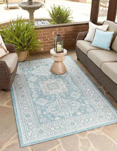 Vista 24 de Unique Loom Outdoor Aztec Collection Alfombra de área, Chalca (5 pies 3 pulgadas, octágono, aguamarina/marfil)