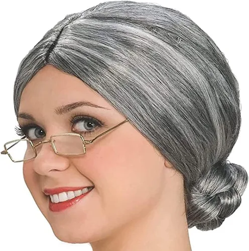 Vista 5 de 5 Pieces Old Lady Costume for Kids - 100th Day of School Grandma Costume for Kids Girls, Cosplay Set Granny Wig, Glasses with Chain, Wig Cap