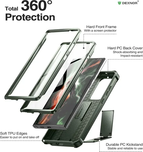 Vista 6 de Dexnor Funda de cuerpo completo para Samsung Galaxy S23 Ultra 5G/6.8 pulgadas, marco frontal extra, protección de grado militar, protector