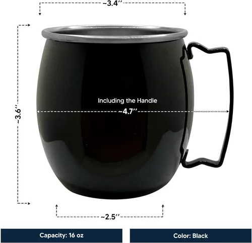 Vista 5 de Tazas de Moscú Mule negras personalizadas con acabado liso con monograma grabado estilo barra, 16 onzas, individual