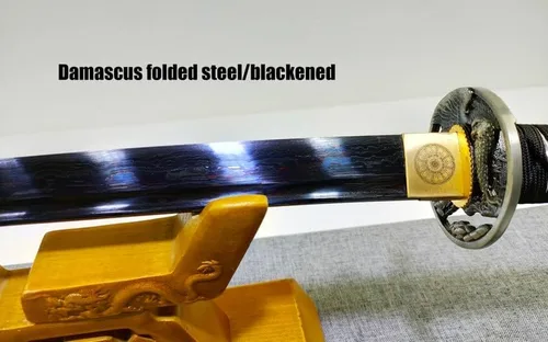 Vista 3 de Colección artesanal, Katana de acero plegable de Damasco con hoja negra, espada samurai japonesa hecha a mano, espiga completa