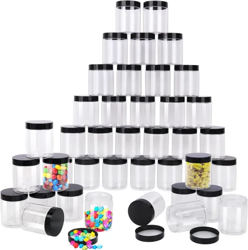 Vista 8 de Paquete de 48 tarros de plástico de 8 onzas con tapas negras, frascos de plástico vacíos, tarro cosmético con tapas para crema, mantecas corporales