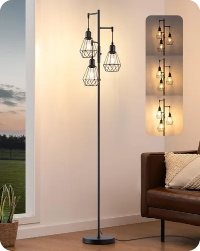 Vista 9 de EDISHINE Lámparas de Pie Estilo Granja de 70 Pulgadas para Sala de Estar, Lámparas Industriales Altas de Pie Regulables con 3 Bombillas LED Edison