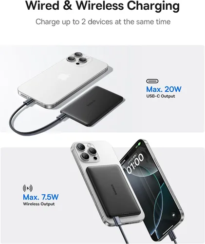 Vista 5 de Baseus Picogo Power Bank, 0.3" Ultra Slim 5000mAh MagSafe Portable Charger, Card-Size Magnetic Battery Pack with USB-C Braided Cable, Alloy Wireless