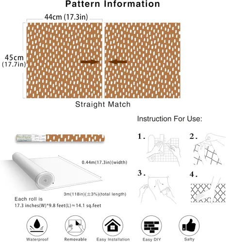 Vista 6 de HAOKHOME Papel tapiz para despegar y pegar, diseño de puntos modernos y bohemios, extraíble, para baño, color caramelo/blanco, papel de contacto