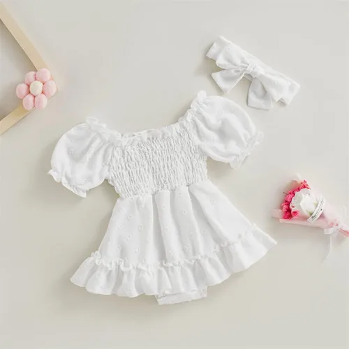 Vista 27 de Mameluco de verano para niña, sin mangas, vintage, con burbujas, vestido de mameluco lindo y diadema