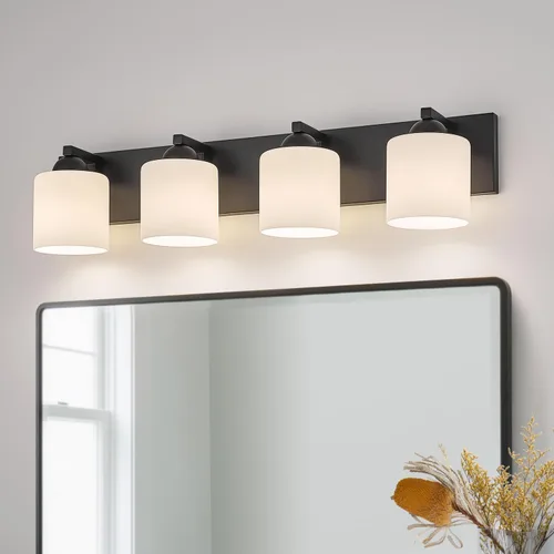 Vista 17 de mirrea Lámpara de tocador negra de 1 luz para espejo, aplique de pared de baño con pantallas de vidrio blanco esmerilado