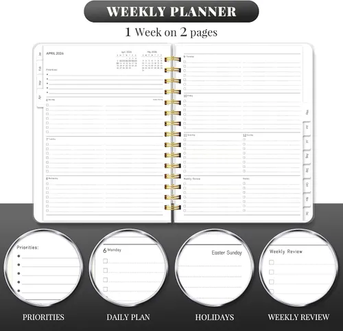 Vista 5 de Agenda 2026 de 8.5 x 11 pulgadas, planificadores semanales mensuales grandes con pestañas, calendario diario A4 encuadernado en espiral, agenda