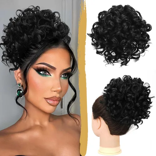Vista 20 de PEACOCO - Piezas de pelo para moño desordenado para mujer, gran moño afro rizado elástico con cordón, moño de onda suelta sintético, extensión