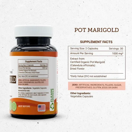 Vista 3 de Secrets of the Tribe Pot Marigold 60 Cápsulas, 1000 mg, Caléndula (Caléndula Officinalis) Flor Seca (60 Cápsulas)