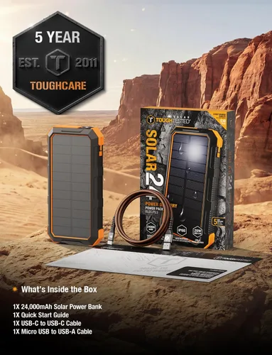 Vista 9 de ToughTested Cargador portátil de banco de energía solar de 24000 mAh, batería externa de carga rápida con linterna LED, IP66 impermeable, a prueba