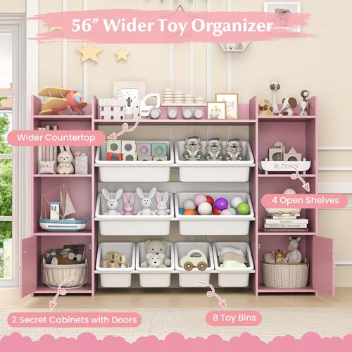 Vista 4 de HONEY JOY Organizador de almacenamiento de juguetes para niños, armario de almacenamiento de piso de madera con 8 contenedores extraíbles, estante