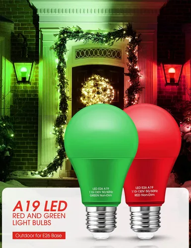 Vista 3 de Bombillas de Luz Roja y Verde Woxeon [Paquete de 4] – Bombillas LED A19 Rojas y Verdes de 9W (Equivalente a 60W) – Bombilla de Luz de Color con Base