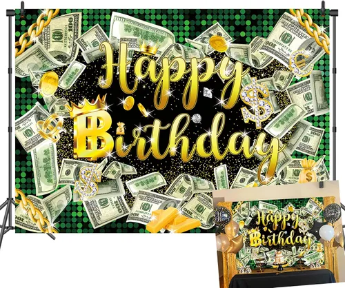 Vista 8 de Fondo de cumpleaños de 5 x 3 pies para fiesta de dinero, fondo de billetes de dólar, telón de fondo de hip hop, para niños, niñas y hombres