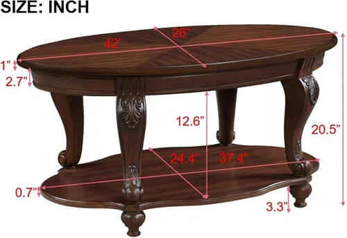 Vista 3 de Mesa de café ovalada de madera para sala de estar, mesa de café de dos niveles de madera maciza con estante de almacenamiento abierto, mesa