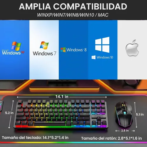 Vista 5 de Combo de teclado y mouse inalámbricos para juegos, batería recargable con retroiluminación LED, teclado de tacto mecánico ultra compacto, ratones