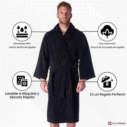 Vista 3 de Alpine Swiss Albornoz de terry de algodón puro para hombre súper absorbente para spa Negro