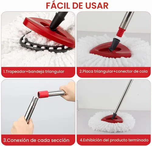 Vista 3 de Cabezal de repuesto para trapeador giratorio con 1 base giratoria y 1 mango. Recambios de fregona EasyWring compatibles con SpinMop triangular