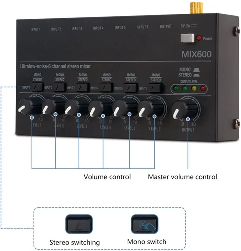 Vista 3 de Mezclador de sonido, mezclador de audio profesional, consola de tablero de sonido de bajo ruido, 6 canales, mezclador de línea estéreo para clubes