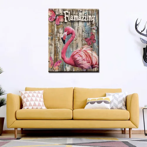 Vista 3 de Kit de pintura por números de flamenco y letrero "Flamaziing" para adultos principiantes, animal rosa, grano de madera, acrílico fácil sobre lienzo