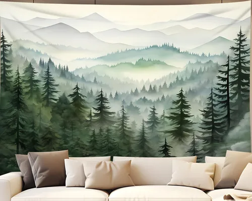 Vista 13 de QGHOT Tapiz de bosque brumoso, tapiz de montaña natural para colgar en la pared, paisaje de acuarela verde salvia, arte de pared para dormitorio