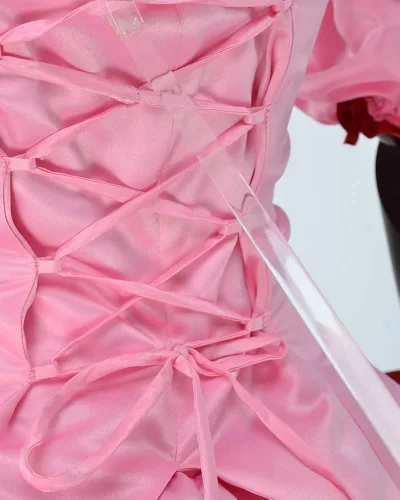 Vista 5 de miccostumes Disfraz de anime para mujer, vestido corto rosa transformado con orejas de gato y cola