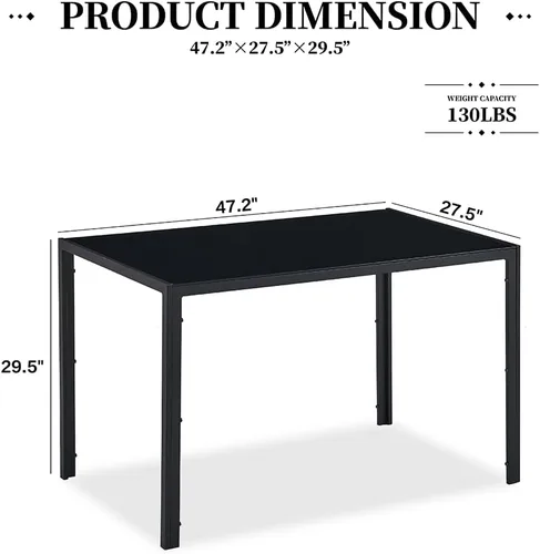 Vista 3 de Mesa de comedor rectangular negra de vidrio de 47.2 pulgadas, mesa de cocina moderna con mesa de vidrio templado y marco de acero de metal