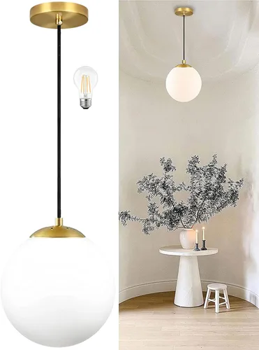 Vista 10 de KoKo&Yukina Luces colgantes modernas de globo de vidrio dorado de 6 pulgadas, paquete de 2 lámparas colgantes de vidrio transparente de mediados