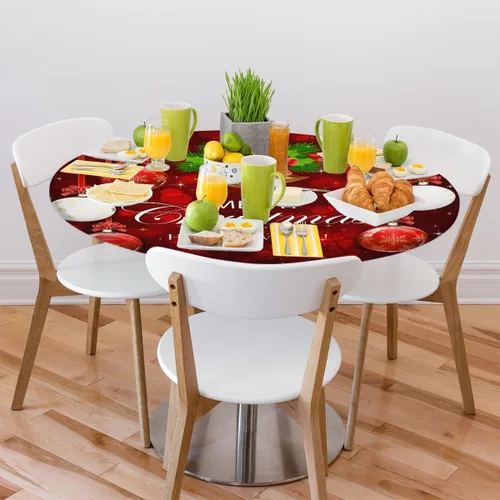 Vista 2 de Pardick Mantel redondo ajustable para decoración de Navidad, mantel circular rojo con elástico, lavable, para exteriores, cocina, fiesta, patio