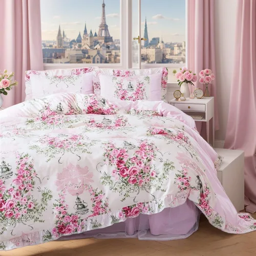 Vista 10 de FADFAY Juego de funda de edredón con estampado floral rosa rosa para niñas, 4 piezas, tamaño individual XL