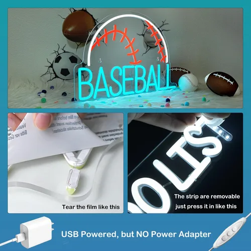 Vista 5 de Letrero de neón de béisbol, luz deportiva LED alimentada por USB, letrero azul usado para gimnasio, luz de béisbol para decoración de arte de pared