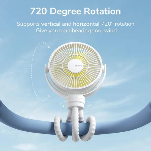 Vista 4 de JISULIFE Mini ventilador de cochecito de 4000 mAh funciona con 4 velocidades, recargable 720° giratorio, clip para asiento de bebé, cuna, carrito