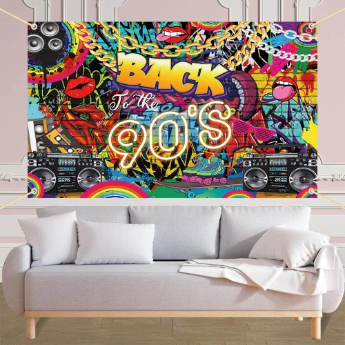 Vista 4 de AIBIIN Back to The 90'S Backdrop Retro Hip-Hop Graffiti tema de los años 90 Fotografía Fondo Disco Pared de ladrillo Hip Hop Retro Radio Música