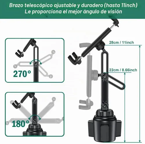 Vista 3 de Soporte universal para portavasos de automóvil para iPad y teléfono de 4 a 13 pulgadas, soporte universal para tableta con brazo ajustable para iPad
