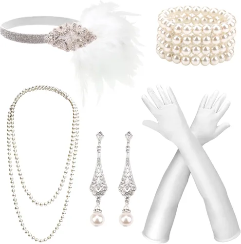 Vista 24 de DRESHOW Juego de accesorios del Gran Gatsby de los años 20 para mujer, accesorios de disfraz de flapper, diadema de plumas, juego de accesorios de 1