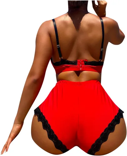 Vista 7 de Lencería sexy para mujer, talla grande, ropa interior erótica, sujetador+bragas, conjunto de 2 piezas, camisón para sexo, juego travieso, rojo, Rojo