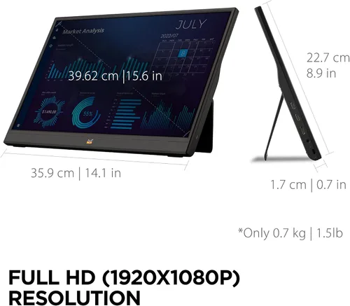Vista 4 de ViewSonic VA1655 Monitor portátil FHD IPS de 15.6 pulgadas 1080p con soporte integrado, USB C de 60 W, mini HDMI, funda protectora y altavoces