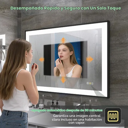 Vista 2 de SBAGNO - Espejo de baño LED de 40 x 28 pulgadas con marco negro, altavoz