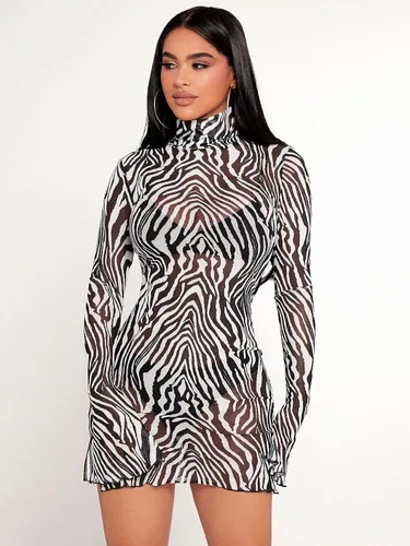 Vista 5 de Verdusa Vestido ajustado de manga larga con cuello alto falso de malla transparente para mujer