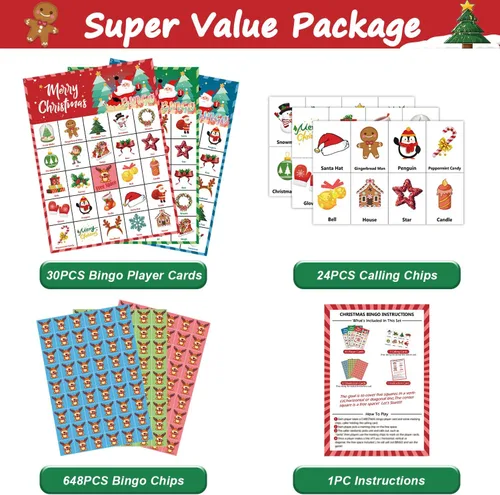 Vista 2 de VESPRO 46 tarjetas de juego de bingo de Navidad para 30 jugadores, juegos de fiesta de Navidad para niños, actividades en el aula