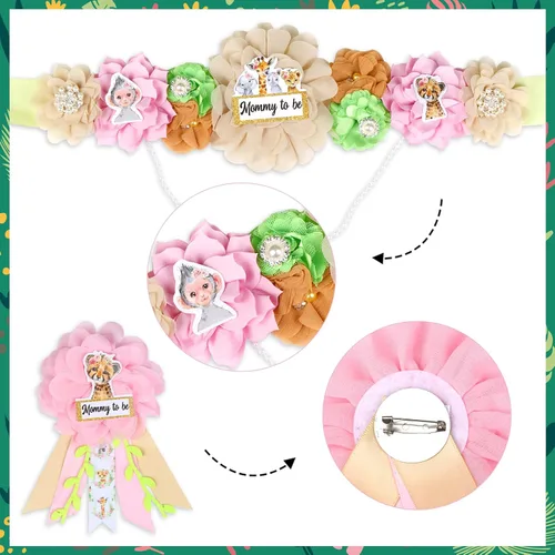Vista 3 de Jungle Safari Baby Shower Sash Girl - Cinturón de maternidad de animales de safari para baby shower, ramillete de insignia para decoraciones de baby