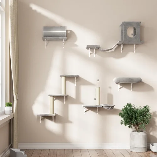 Vista 14 de NUNU LAB Estantes de muro para gatos, juego de 6 piezas de lujo montado en la pared, muebles para gatos interiores con 1 casa tipo condominio, 2