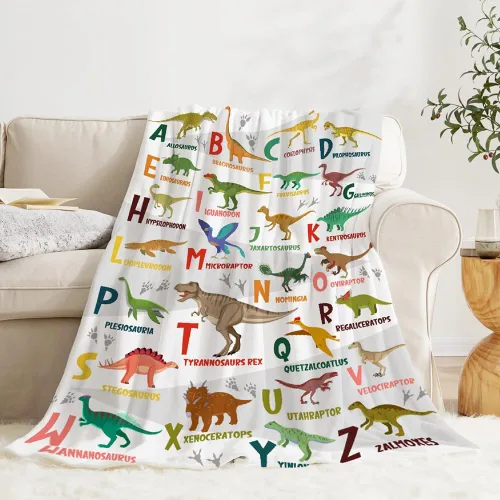Vista 17 de Manta del alfabeto de dinosaurio, manta de dinosaurio para niños y niñas, franela suave y acogedora, ligera y cálida, 30 x 40 pulgadas para bebés