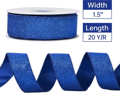 Vista 2 de YAMA - Cinta de alambre con purpurina azul de 1-1/2 pulgadas x 20 yardas, cinta de alambre azul para árbol de Navidad, envolver regalos, coronas